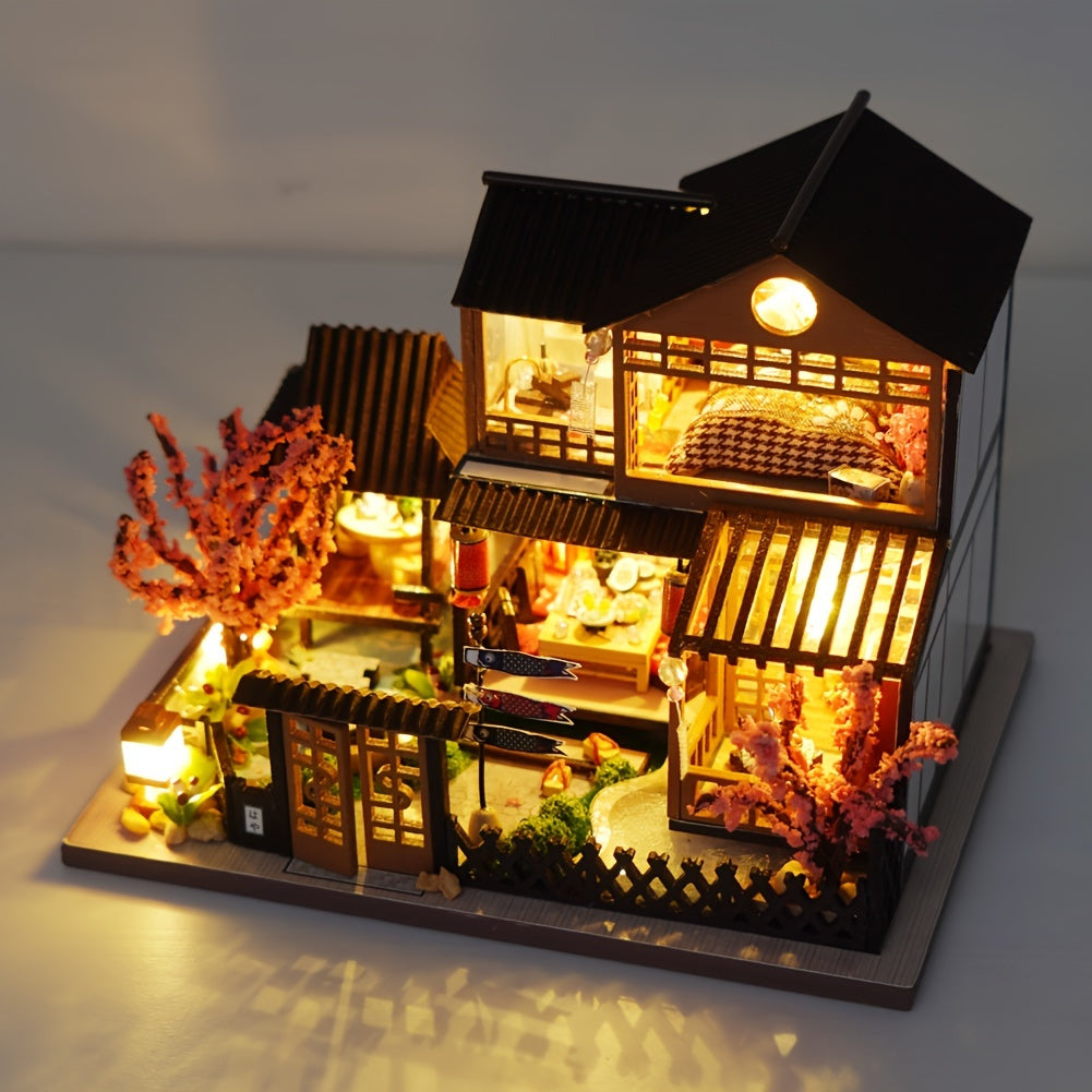 DIY Miniature Sakura House Kit – Wooden Dollhouse Building Kit for Adults, Model Craft Set with Furniture & Accessories, Christmas Halloween Birthday Gift
