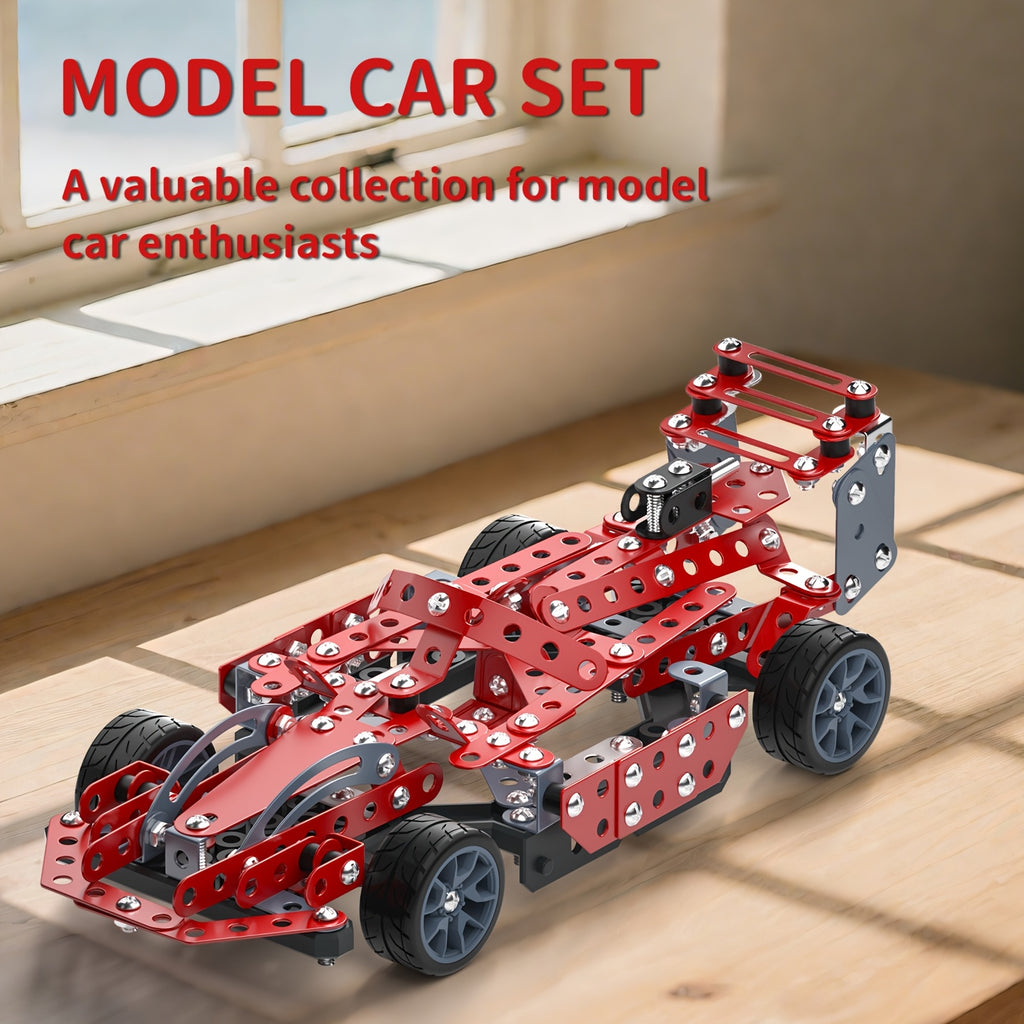 STEM Building Kit Model Car Set 287 Piece Motorized Vehicle for Kids – Assembly Toy with All-Terrain Tires & Openable Hood, Blue Airplane Red Car Green Truck, Birthday Christmas Gift Boys Ages 6+