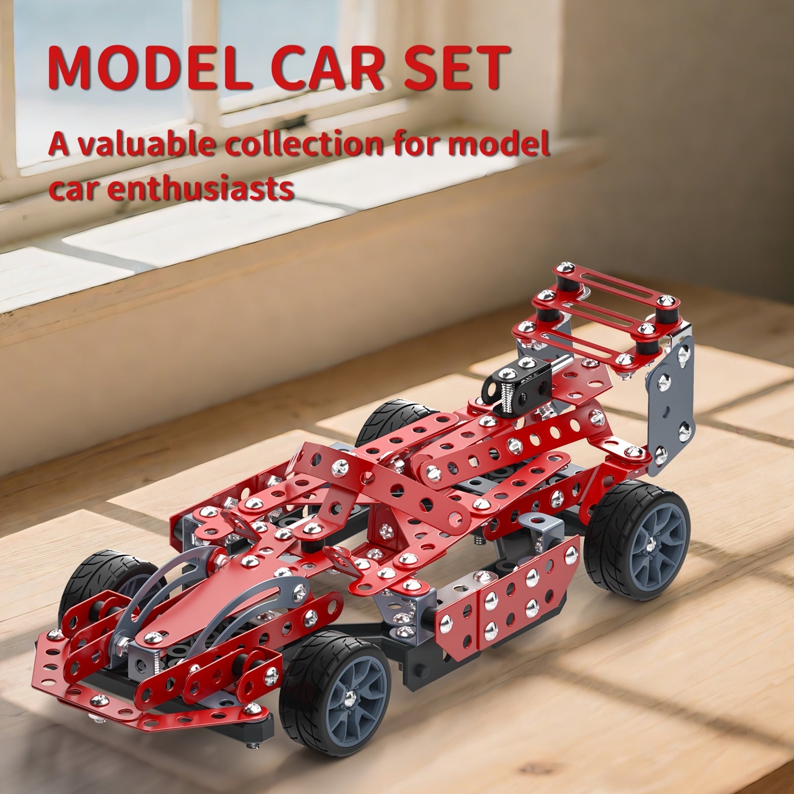 STEM Building Kit Model Car Set 287 Piece Motorized Vehicle for Kids – Assembly Toy with All-Terrain Tires & Openable Hood, Blue Airplane Red Car Green Truck, Birthday Christmas Gift Boys Ages 6+
