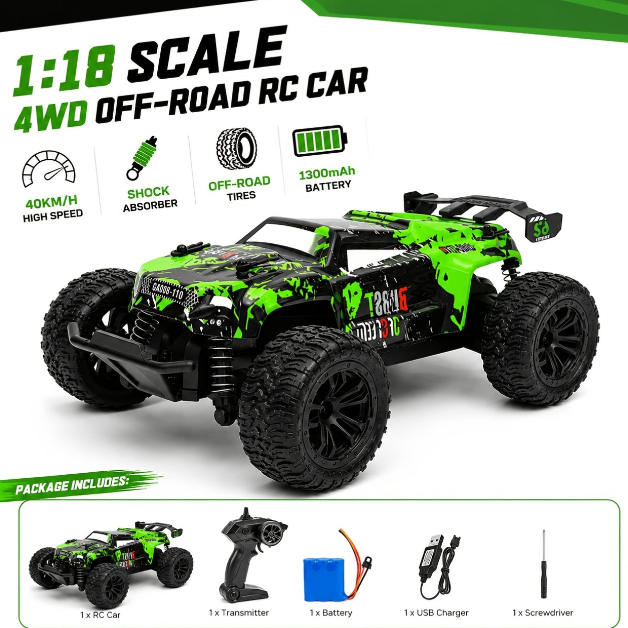 RC Off-Road Car 1:18 Scale 4WD, Interchangeable Shell High-Speed Remote Control Truck with Shock Absorbers 2.4G, Outdoor Climbing Drift Toy, Birthday Gift for Boys Kids