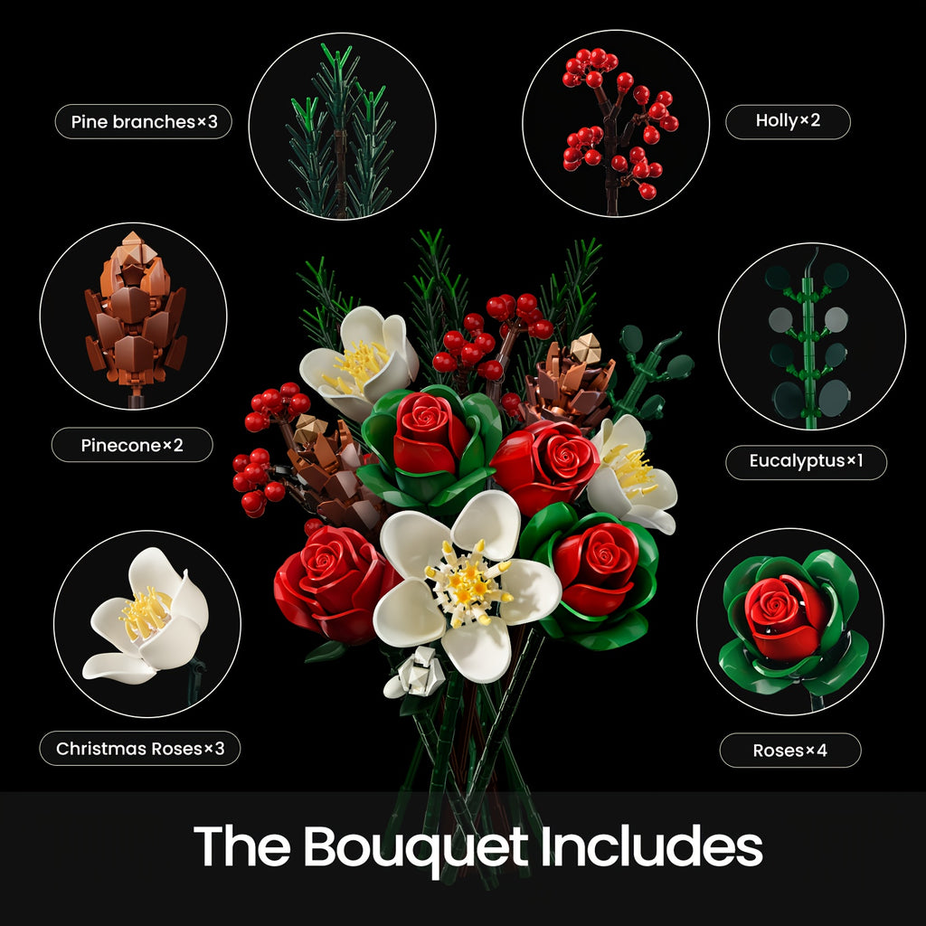 Rose Lily DIY Building Block Flower Bouquet Set Healing Flower Series Artificial Desktop Decoration Birthday Valentine's Day Mother's Day Gift for Girls Women