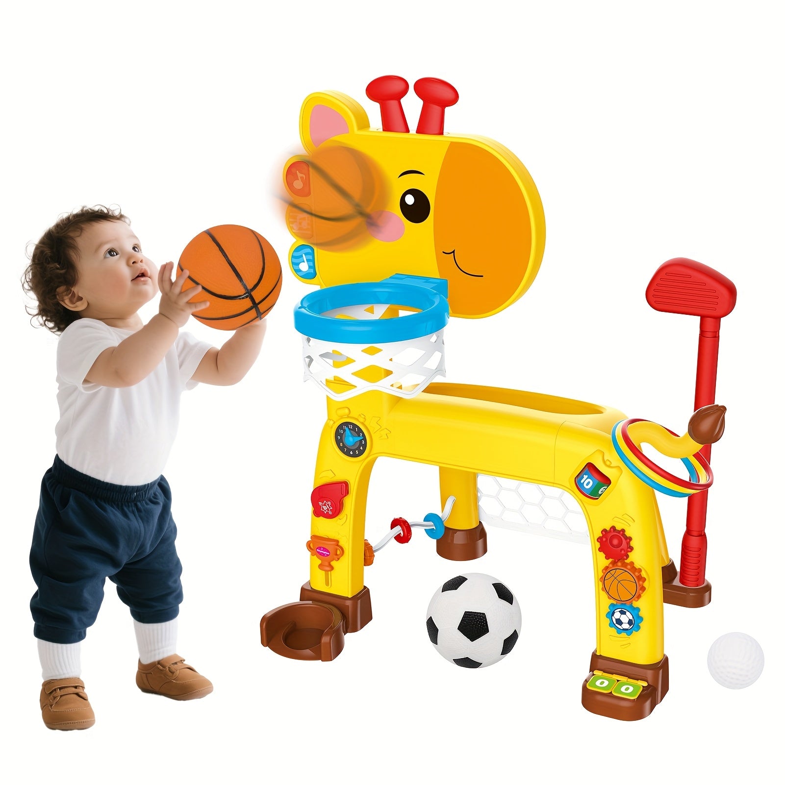 Giraffe Basketball Hoop & Soccer Goal Activity Center for Toddlers – 2-in-1 Baby Sports Toy with Light, Sound & Music, Indoor Outdoor Game, Birthday Gift for Boys & Girls 12 Months+