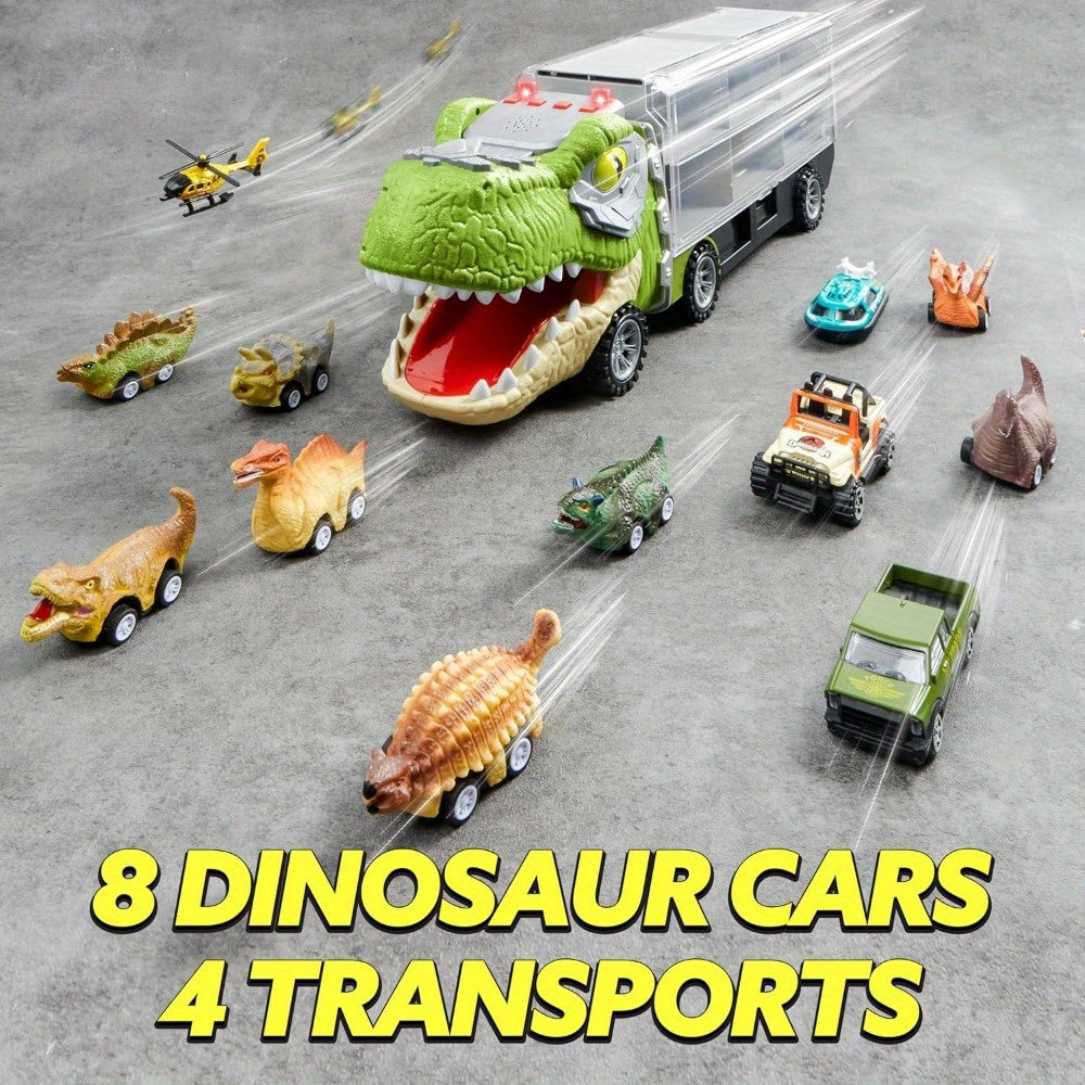 Dinosaur Truck Toy Set 13-in-1 for Kids – Transport Carrier with Sound & Lights, 12 Pull-Back Dino Cars & Helicopter, Birthday Gift for Boys Ages 3 4 5