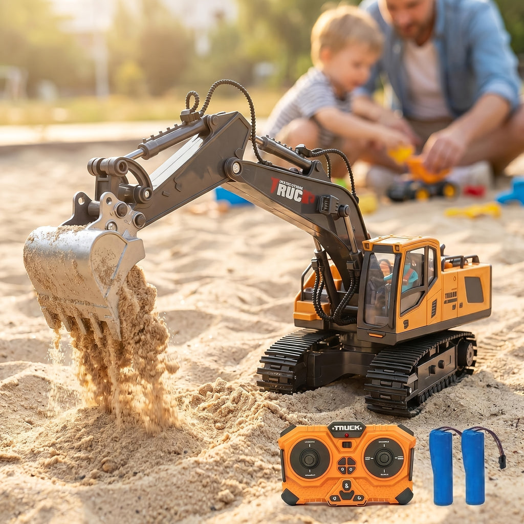 Alloy Construction Truck Toy 1:24 Scale – Bulldozer, Dump Truck & Excavator with 11-Channel Control, Sound Effects, Indoor Outdoor Engineering Vehicle Gift for Boys & Girls