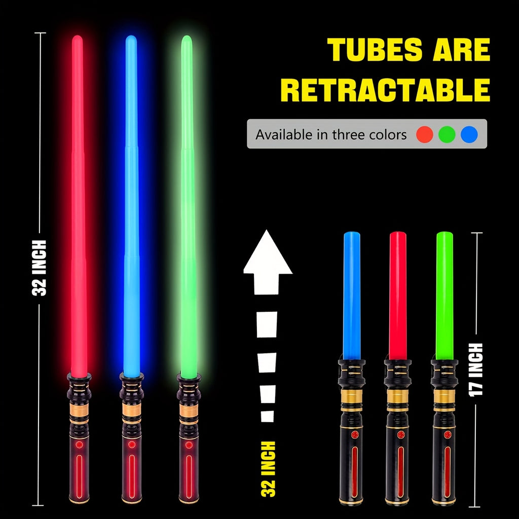 Light Up Sword for Kids 3-Pack with FX Sound, Expandable LED Glow Swords for Halloween Cosplay Dress Up Parties, Birthday Christmas Gift Boys Girls
