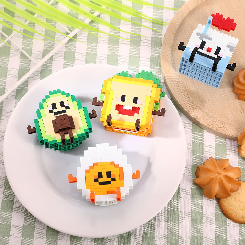 Cartoon Food Building Block Puzzle 12 Sets Gift Box - Cute Mini Food Figures for Kids Ages 3+, Party Favors Classroom Prizes Collectibles, Christmas Birthday Easter Gift for Boys Girls