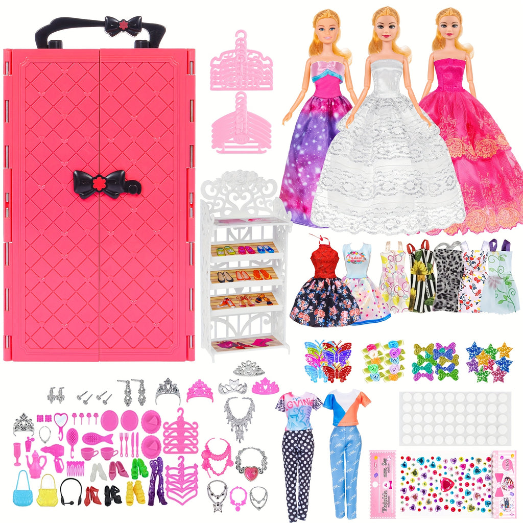 Fashion Doll Wardrobe Set 140pcs for 11.5 Inch Dolls – Includes Doll, Closet, Wedding Dresses, Shoes & Accessories, Gift for Girls Ages 6-12