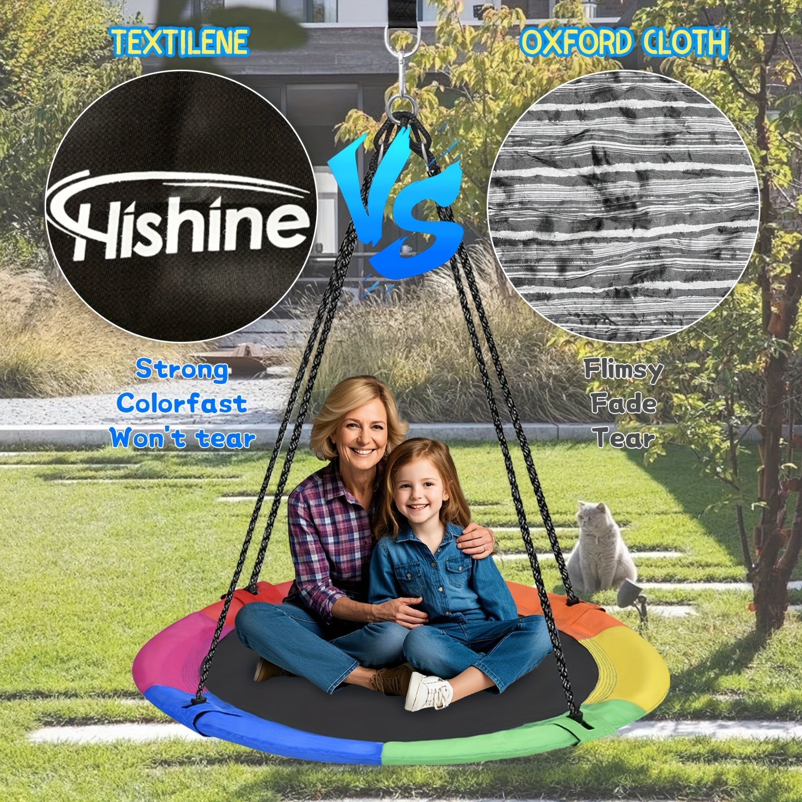 43" Large Saucer Swing for Kids, 360° Rotating Spinner Swing with Swivel, Adjustable Ropes & Hanging Straps, Outdoor Tree or Swing Set Accessory, Durable Round Disc Swing for Playground Backyard, Birthday Gift
