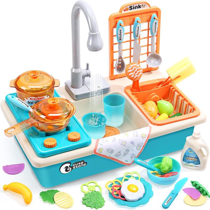 Play Kitchen Sink with Running Water, CUTE STONE 1.7L Kids Pretend Wash Station with Fishing Game, Toy Food, Dishes and Drain Rack