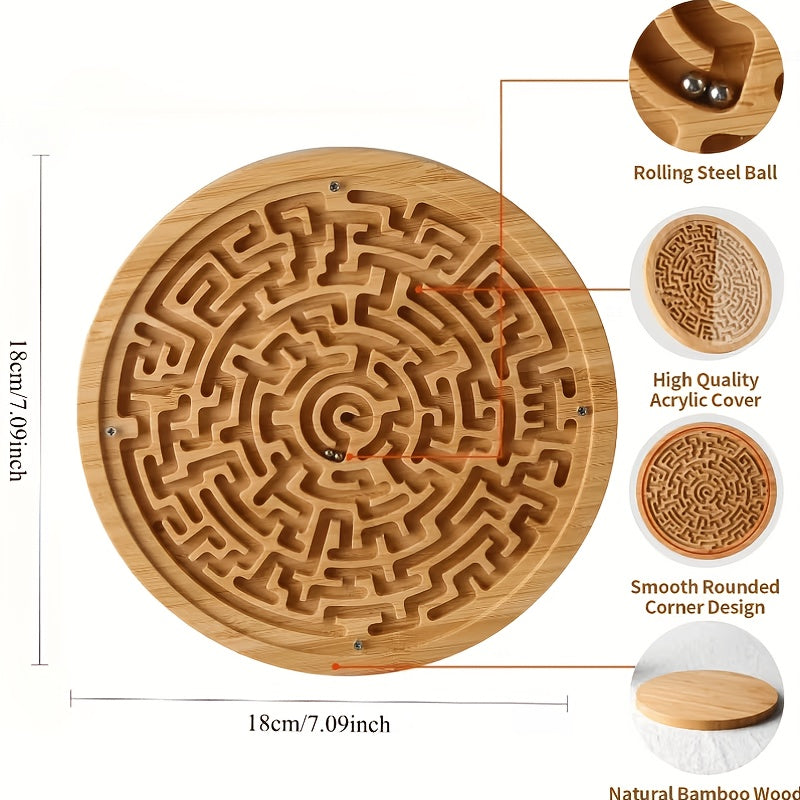 Round Wooden Maze Balance Board with Steel Balls – Brain Training Labyrinth Puzzle Game for Kids Adults Concentration Focus STEM Skill Development Toy