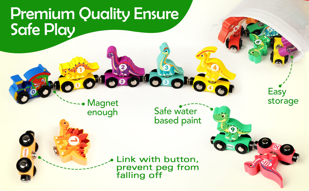 Dinosaur Magnetic Wooden Train Set 11pcs Number Learning - Educational STEM Toy for Toddlers Ages 3-5, Birthday Christmas Gift for Boys & Girls