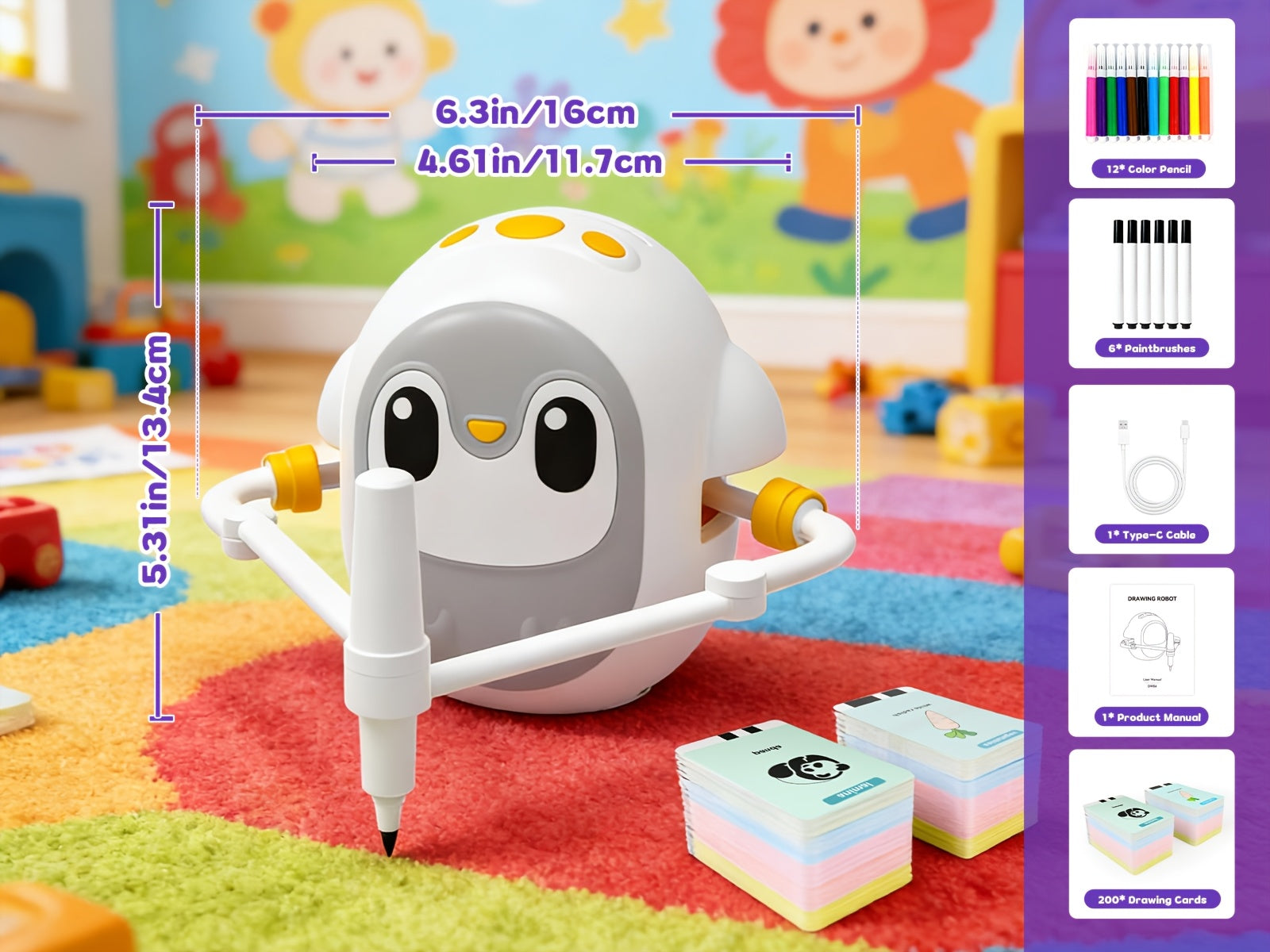 Drawing Robot for Kids with 200 Learning Cards & 12 Color Pens – Penguin Art Robot Toy, Interactive STEM Educational Drawing Toy for Boys Girls Ages 3+, USB Charging