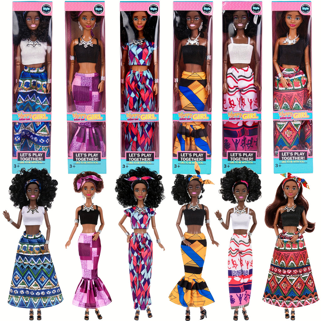 African American Fashion Dolls 6 Pack 11.5 Inch Curly Hair – Removable Career Outfits Gown Chef Nurse Flight Attendant Party Favors Gift for Girls Ages 3+