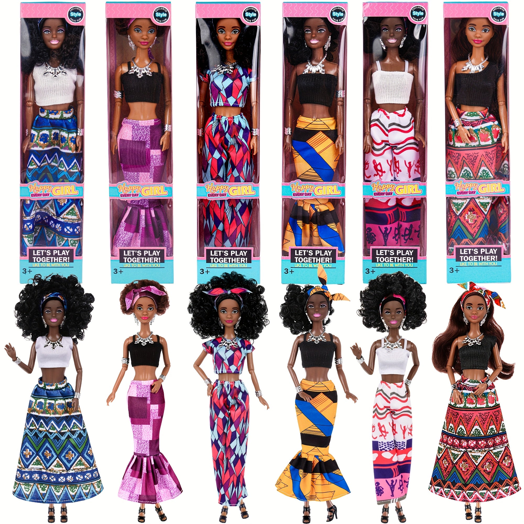 African American Fashion Dolls 6 Pack 11.5 Inch Curly Hair – Removable Career Outfits Gown Chef Nurse Flight Attendant Party Favors Gift for Girls Ages 3+