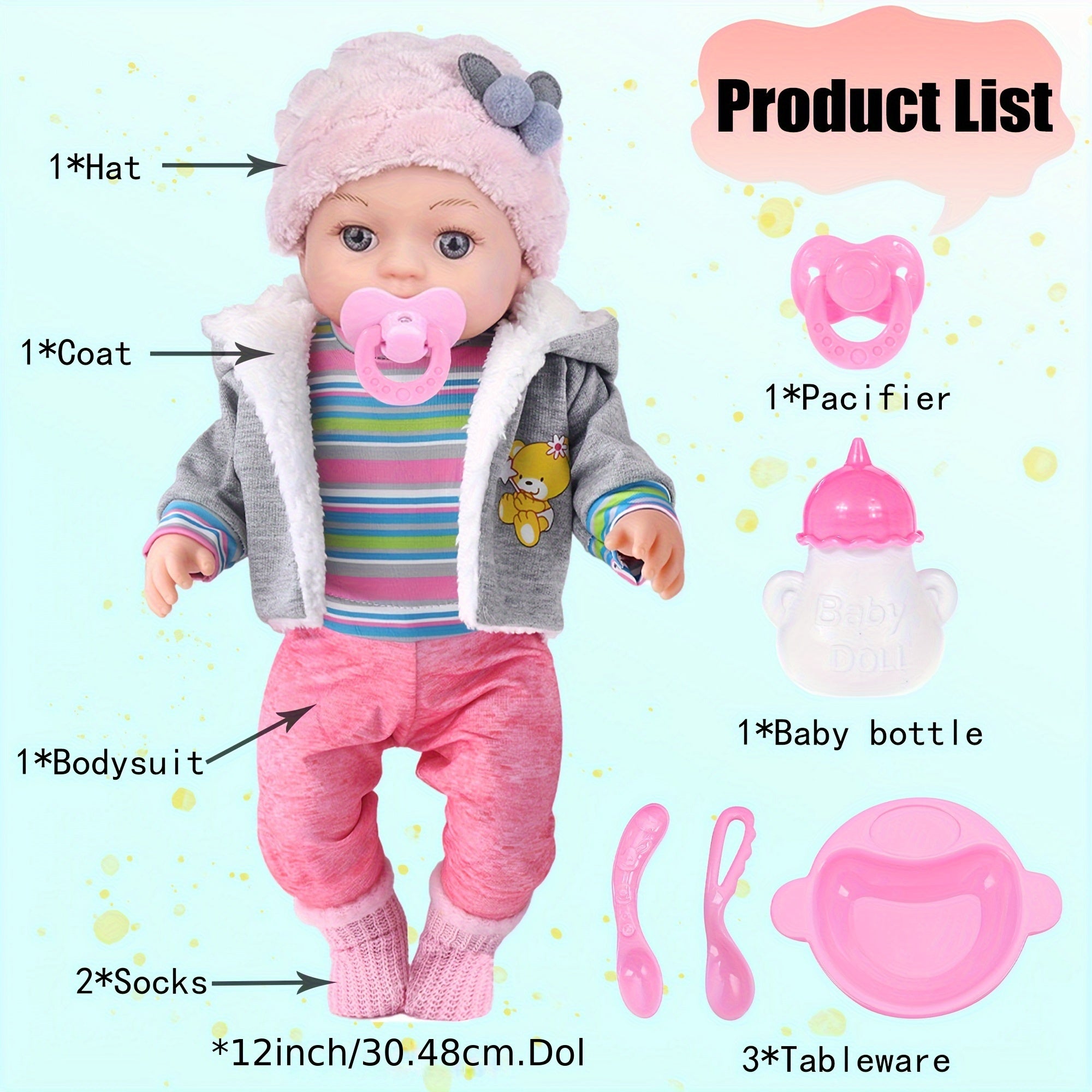 12 Inch Baby Doll Complete Playset with Clothes & Accessories – Hat, Coat, Romper, Socks, Tableware, Bottle & Pacifier Included, Soft Safe Nurturing Play Gift for Kids Ages 3+, 30cm