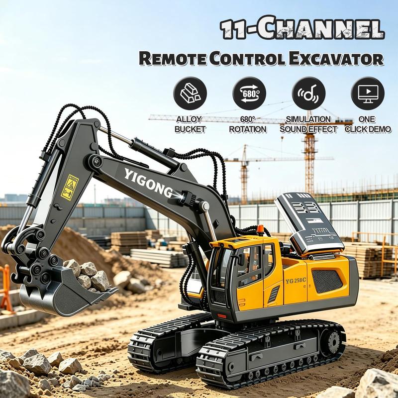 Remote Control Construction Trucks by Akeleo, 2.4GHz Excavator, Dump Truck, Bulldozer and Loader Options with LED Lights for Kids Construction Site Play