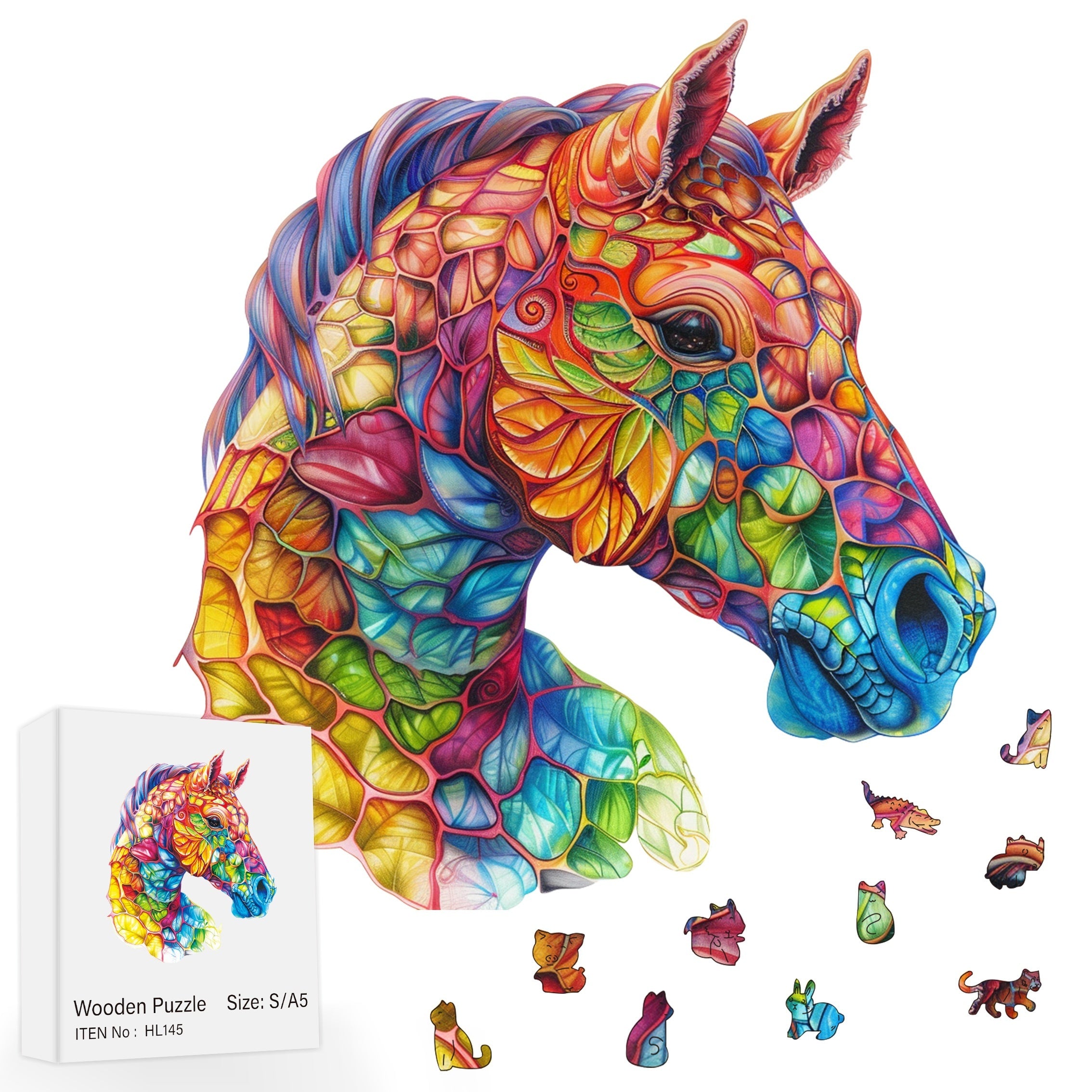 Colorful Horse Wooden Jigsaw Puzzle by WOOD PEOPLE – Artistic Irregular Shaped Pieces, Vibrant Mixed Colors, S/M/L Sizes, Family Gift for Puzzle Lovers Ages 8+