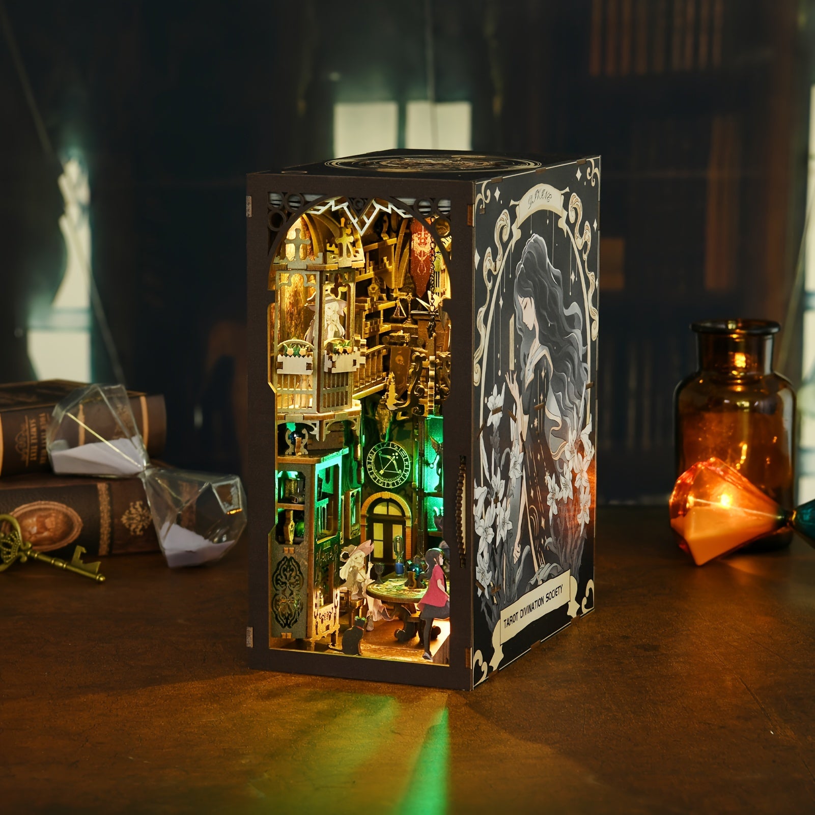 DIY Book Nook Kit with LED Lights – 3D Wooden Miniature Puzzle Bookshelf Insert, Magic Scene Model Building Set, Creative Home Room Decor, Birthday Gift for Adults & Teens