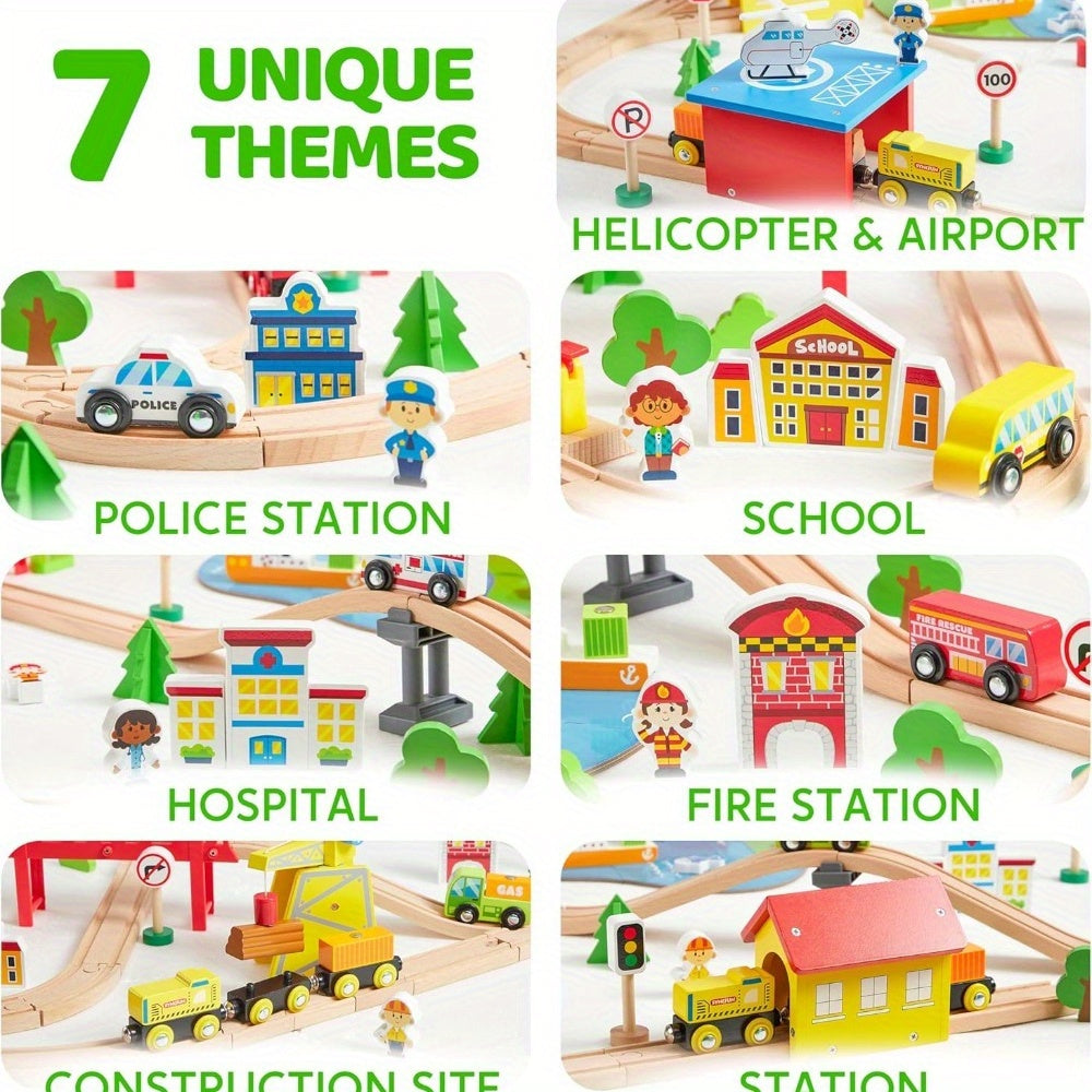 110pcs Wooden Train Set City Scene Railway – 6 Magnetic Trains, 7 City Themes, Helicopter, Ship & Vehicles, Compatible with All Brands, Birthday Christmas Gift for Kids