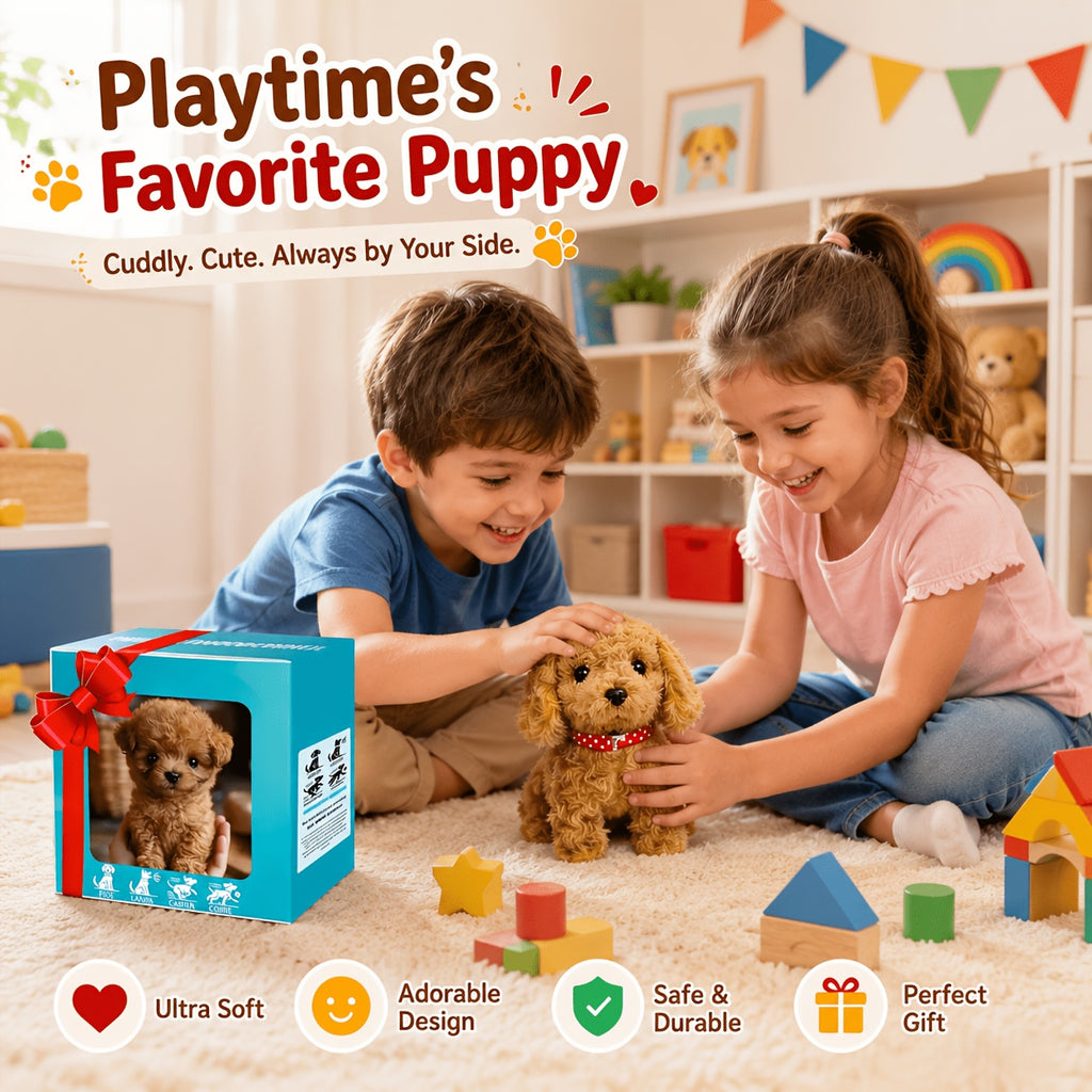 Teddy Brown Plush Puppy Gift Set – Walking Puppy Toy in Gift Box, Cute Soft Plush Dog for Kids, Christmas Birthday Present for Boys Girls Ages 3+