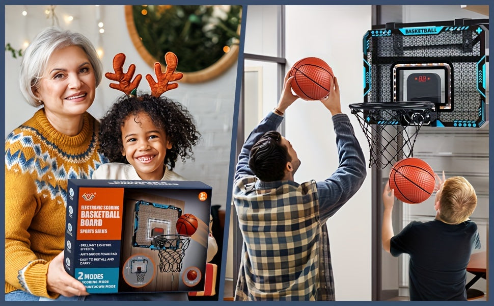 Kids Basketball Hoop Set with LED Lights Electronic Scoreboard 4 Balls Door Stand Indoor Outdoor Sports Toy for Boys Girls - Birthday Christmas Gift