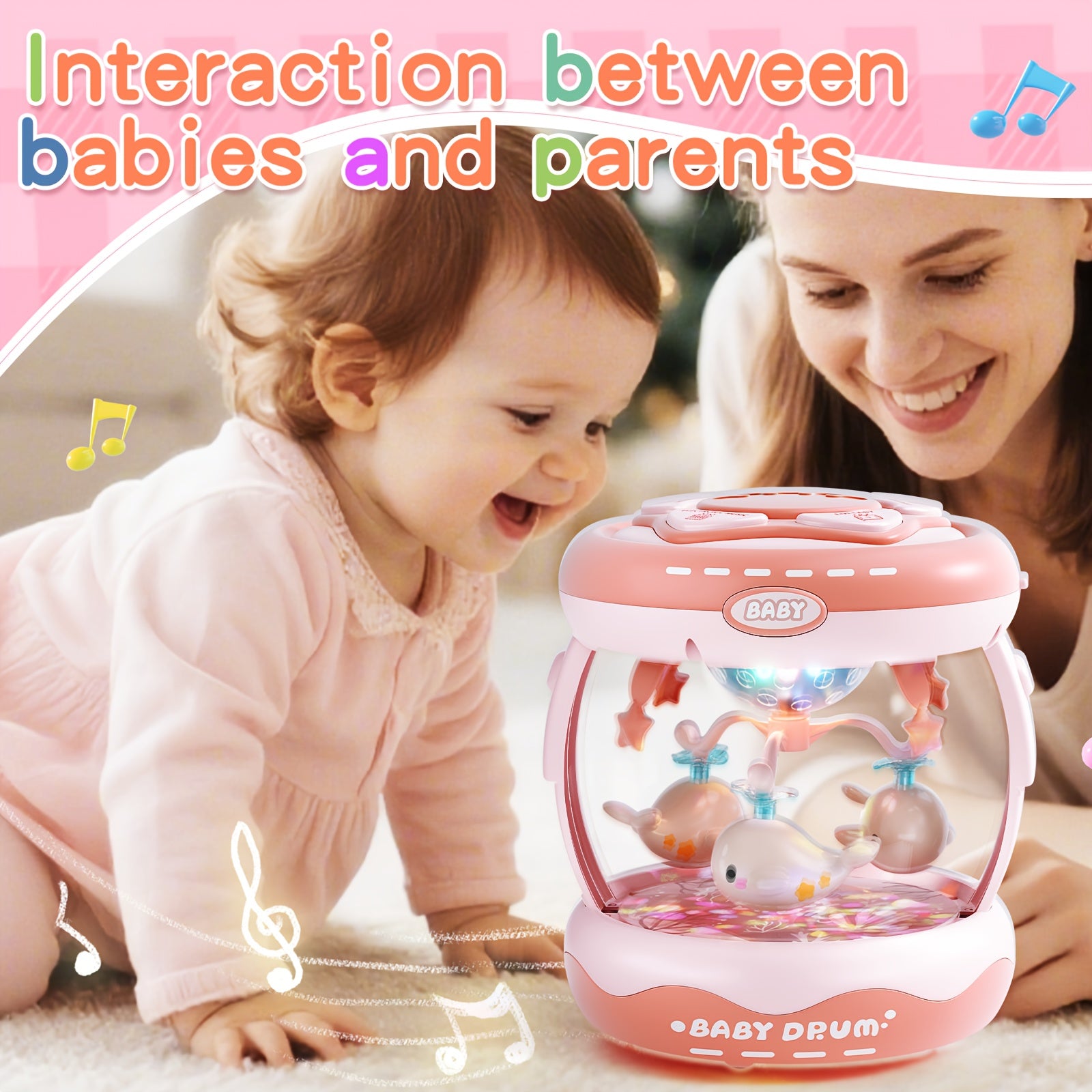 JOVOW Baby Rotating Projector Music Toy for 3 Months+ – Interactive Animal Sounds & Music, Multi-Functional Sensory Learning Toy for Infant Boys Girls, Party Music, Skills Development, Pink & Blue