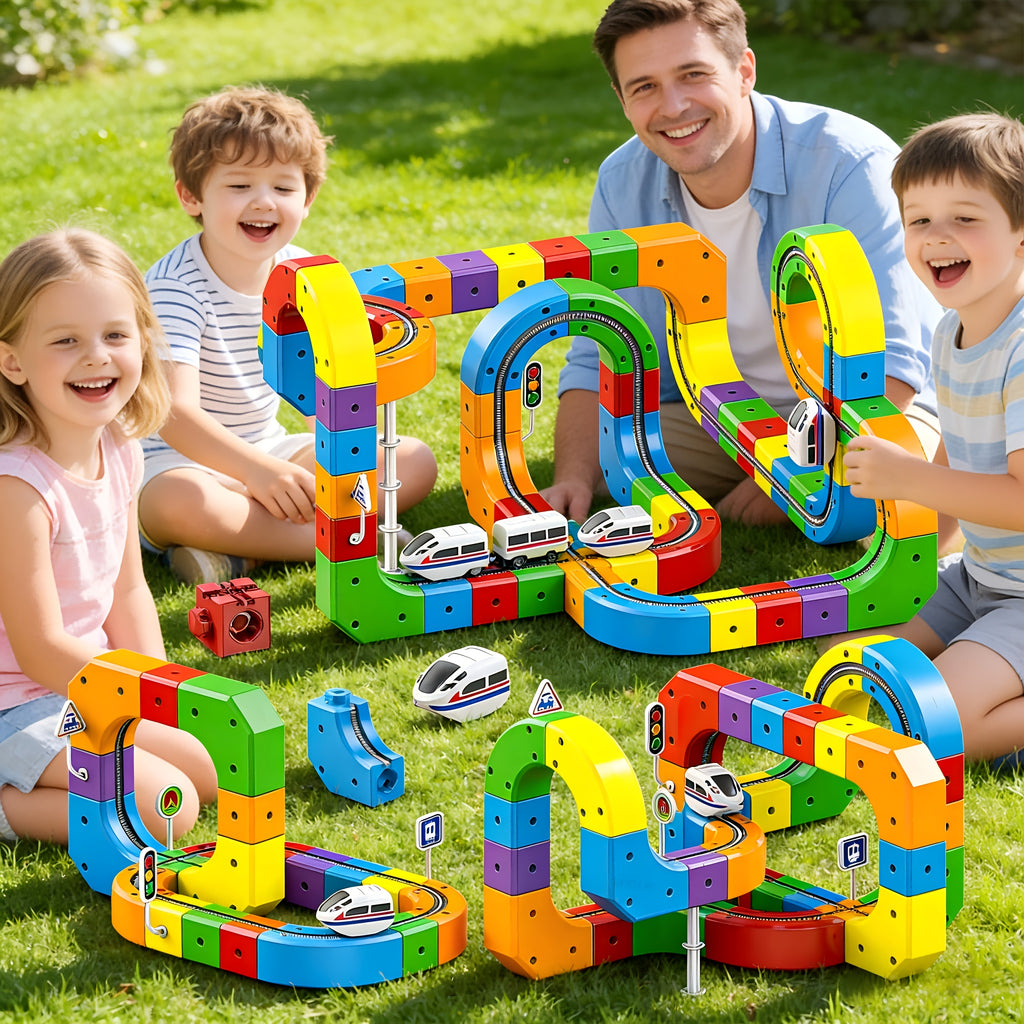 3D Gravity Magic Track Train Set DIY Deformable Racing Track STEM Building Toy with Blocks Traffic Lights for Kids Ages 3 4 5 Indoor Outdoor Birthday Gift