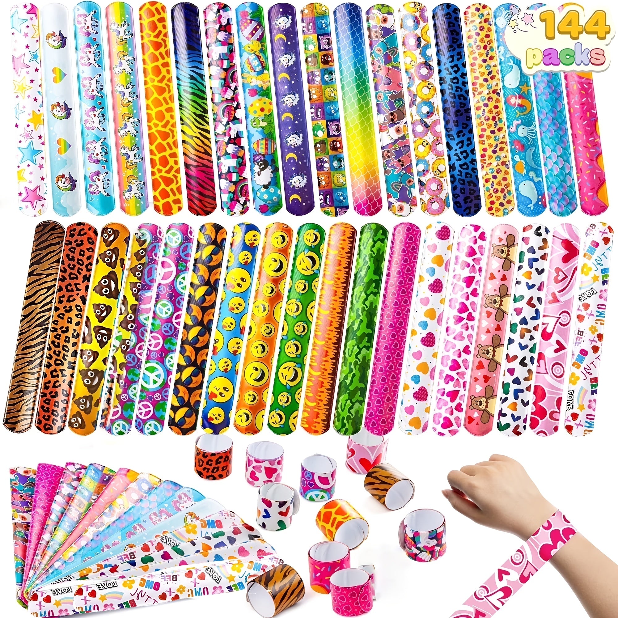 144-Piece Slap Bracelets for Kids Bulk – Unicorn, Heart & Animal Wristbands for Party Favors, Classroom Prizes & Goodie Bag Stuffers