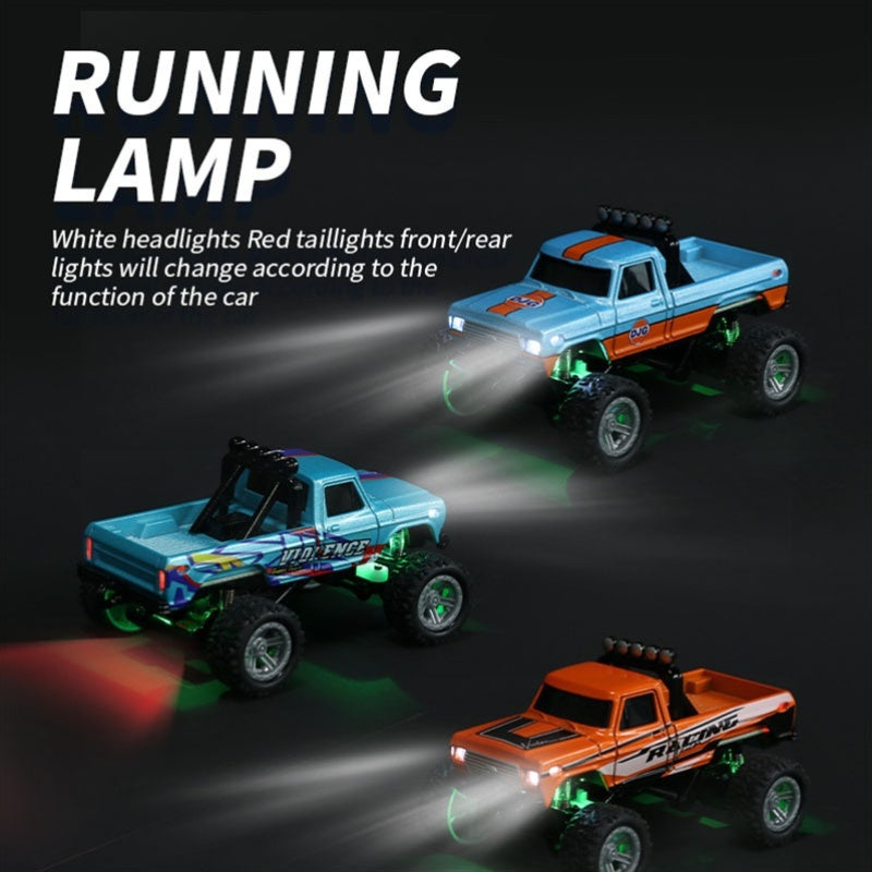 1:64 Mini RC Alloy Monster Truck with Trailer - 2.4GHz Off-Road Pickup Rock Crawler, Body Lights & Headlights, Tabletop Decor, Birthday Christmas Gift for Boys