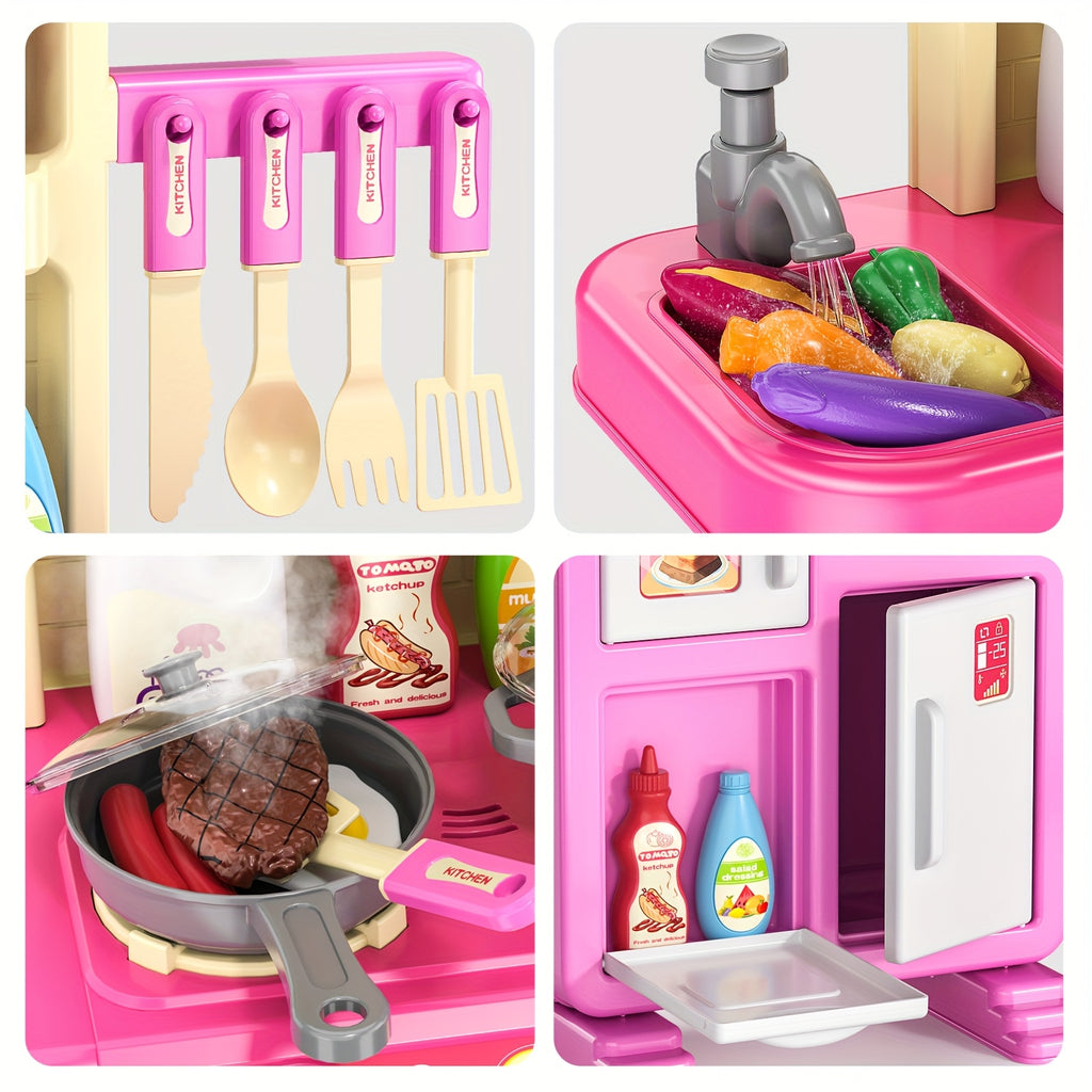 Kids Play Kitchen Playset Pretend Play Kitchen Set with Lights Sounds Toddler Cooking Toy Interactive Indoor Playset Birthday Christmas Gift Ages 3 and Up