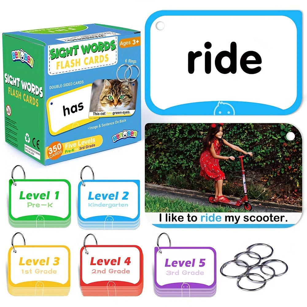 Sight Words Flash Cards 350 Dolch & Fry High Frequency Words – 5 Levels Pre-K to 3rd Grade, Double-Sided Learning Cards with Real Pictures for Kids Ages 3-9