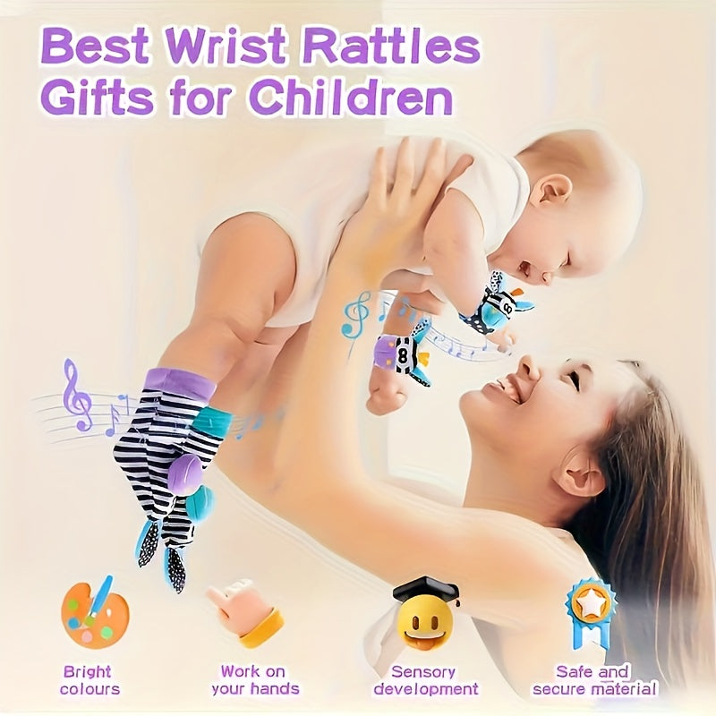 Baby Wrist Bell Rattle Socks - Newborn Cartoon Animal Wrist Rattles & Socks Set, Soft Colorful Sensory Toy for Infants Boys Girls, Baby Shower Birthday Gift