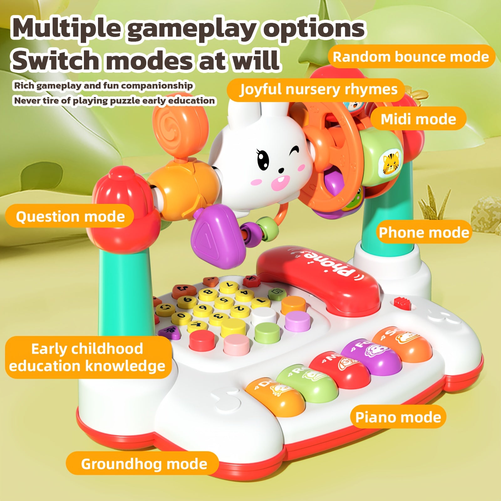 JOVOW Rabbit Story Machine – Multifunctional Kids Phone Toy with Piano, Music & Light, Multiple Modes, Educational Sensory Toy for Toddlers, Easter Halloween Birthday Christmas Gift for Boys Girls