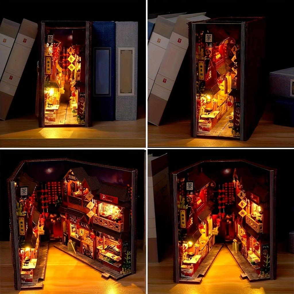 Book Nook Kit DIY Miniature Chinese Food Street – 3D Wooden Puzzle Bookshelf Insert Dollhouse Home Decor Gift for Teens Adults Birthday Christmas No Glue No Battery