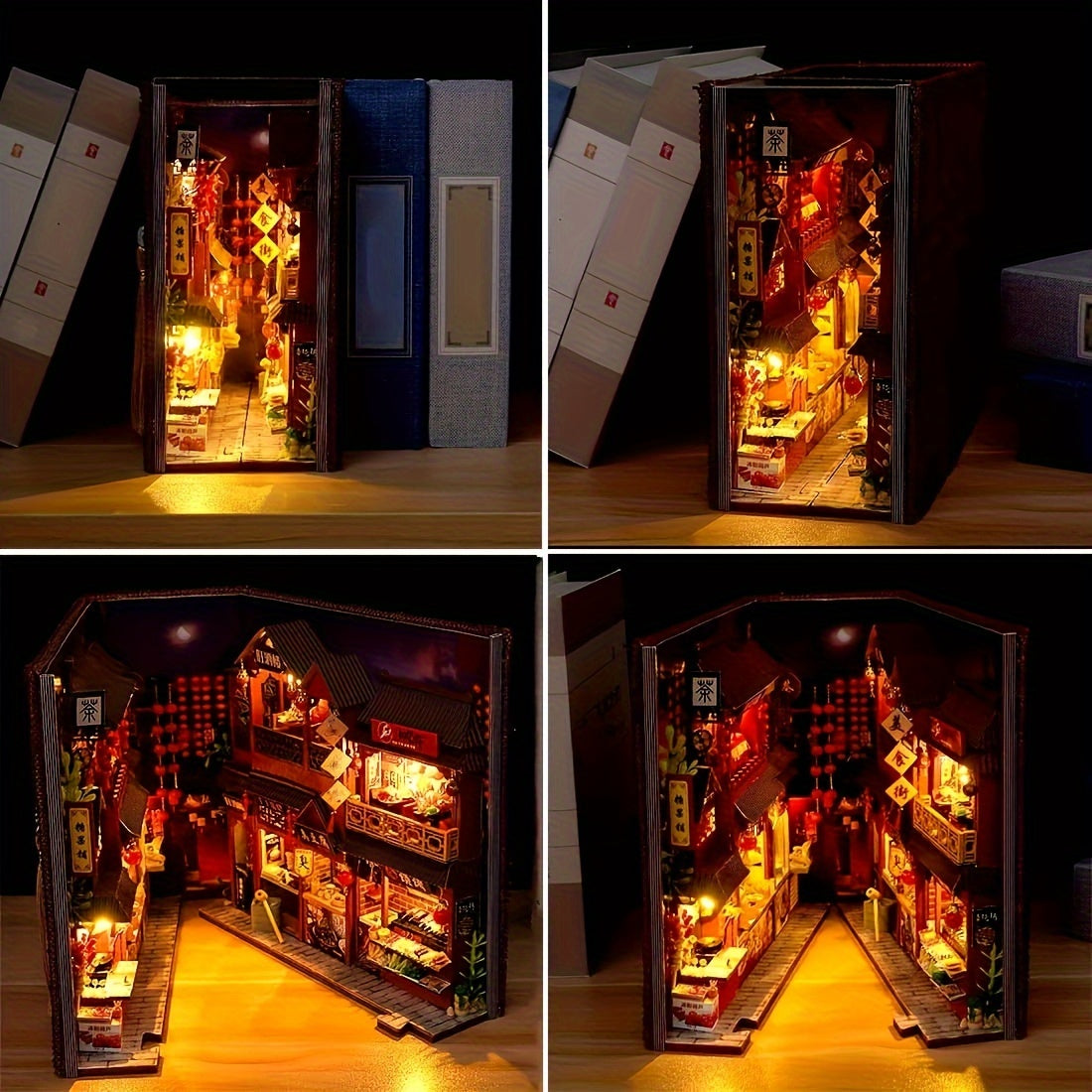 Book Nook Kit DIY Miniature Chinese Food Street – 3D Wooden Puzzle Bookshelf Insert Dollhouse Home Decor Gift for Teens Adults Birthday Christmas No Glue No Battery