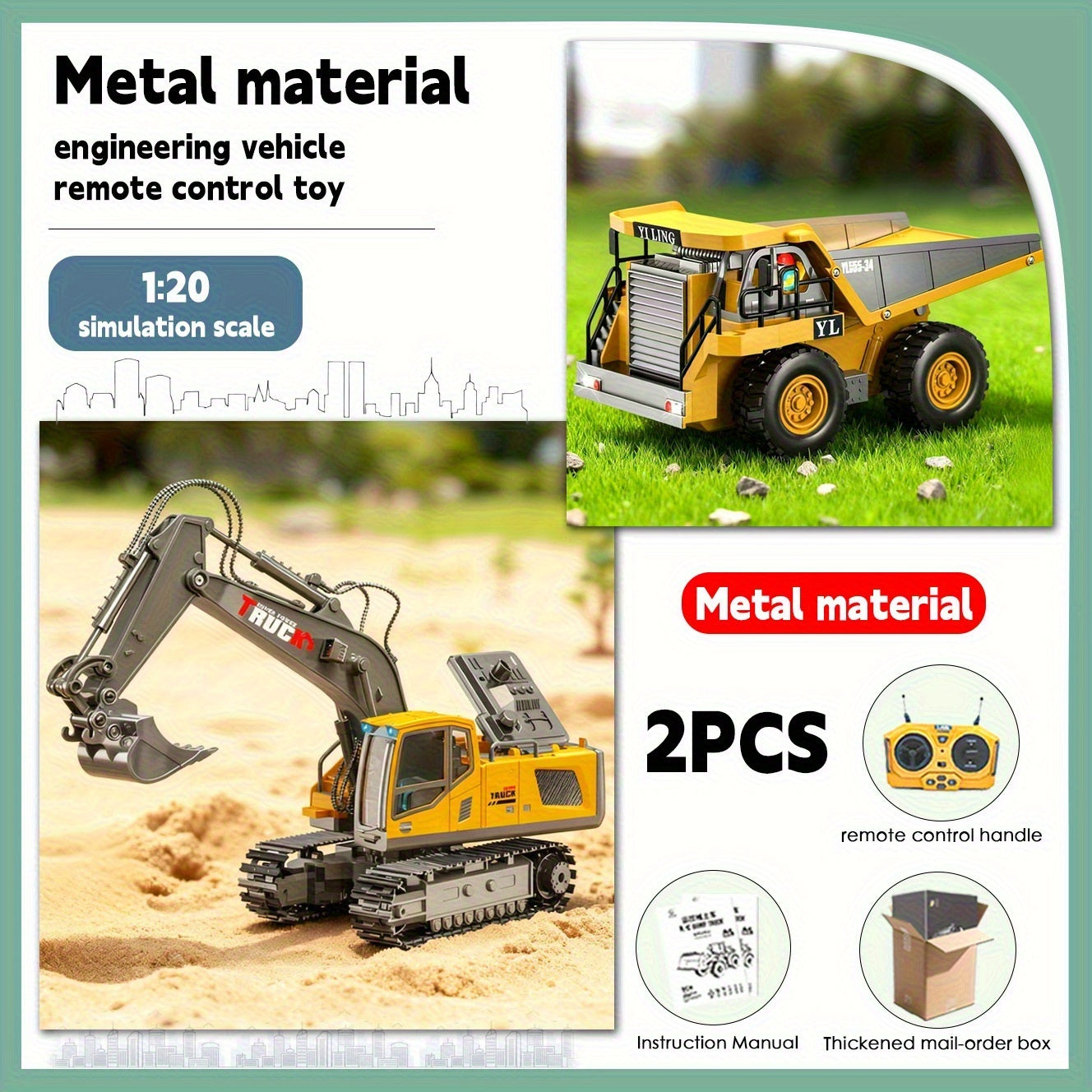 Remote Control Excavator Toy Metal Shovel LED Light 1200mAh RC Construction Truck Set Loader Garbage Truck Combo Boys Kids Ages 6+ Birthday Christmas Gift