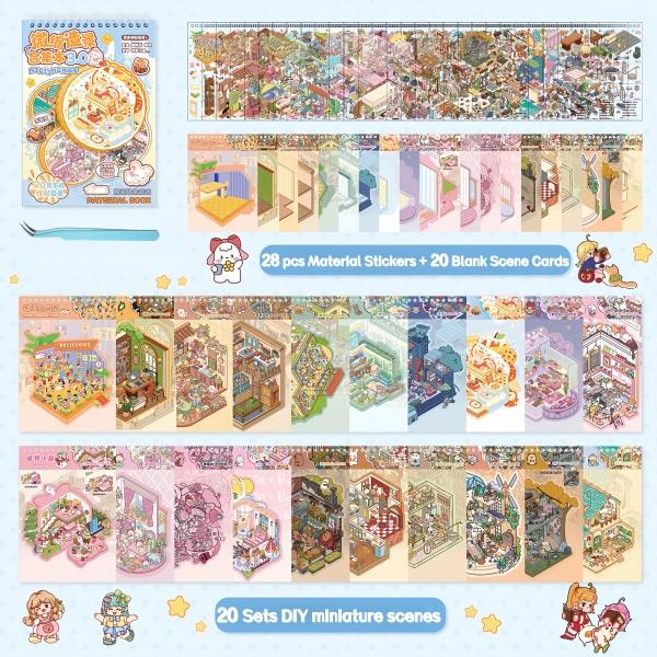 Miniature House Sticker Book with 20 DIY 3D Scenes and Tweezers, Paper Craft Activity for Adults, Teens and Family Creative Time