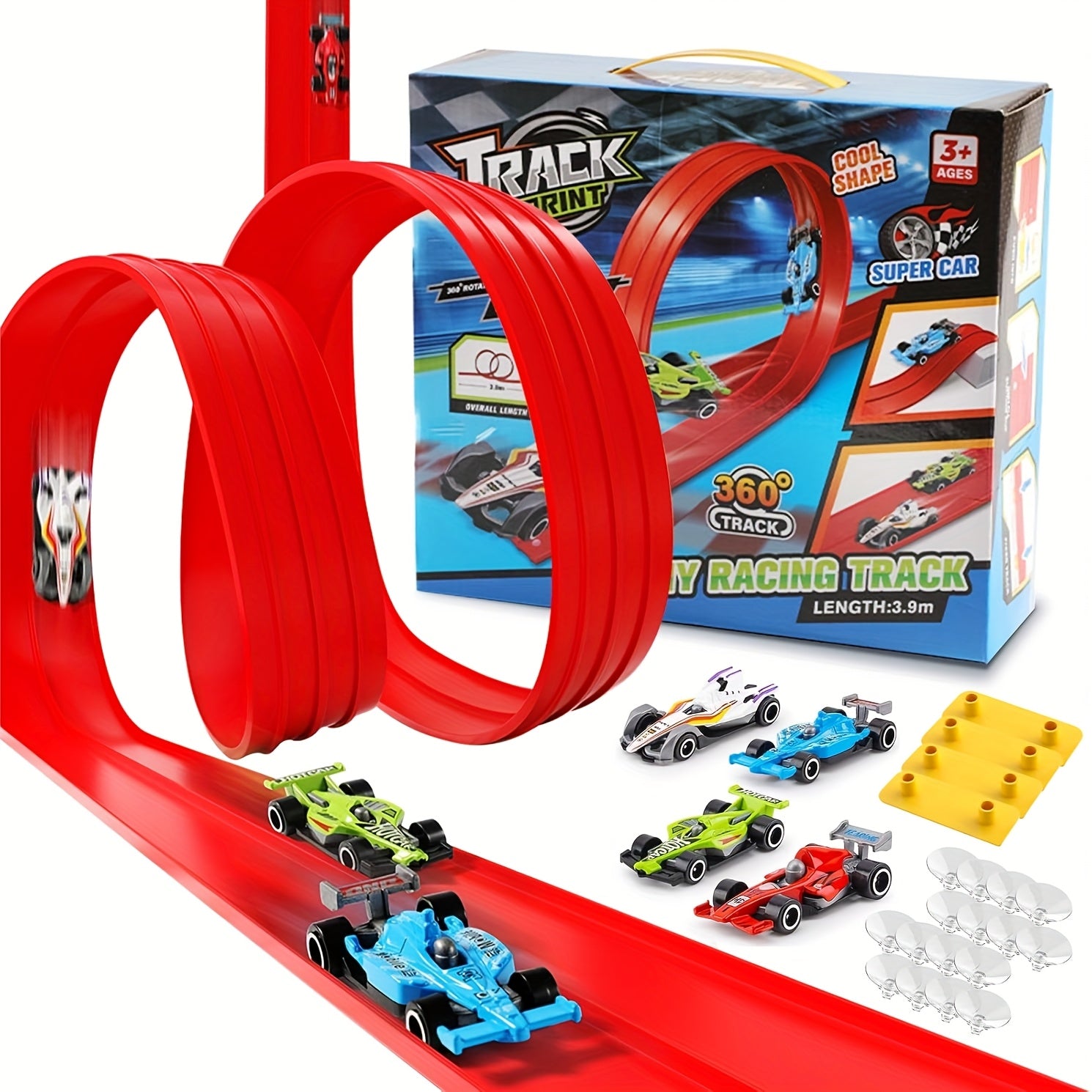 Flexible Toy Car Track Set 15ft with 4 Diecast Cars - Roll Up Race Track for Kids with Bumps Jumps Tunnels Loops, Attaches to Windows & Doors, Drop-Resistant Metal Cars, Racing Gift for Boys