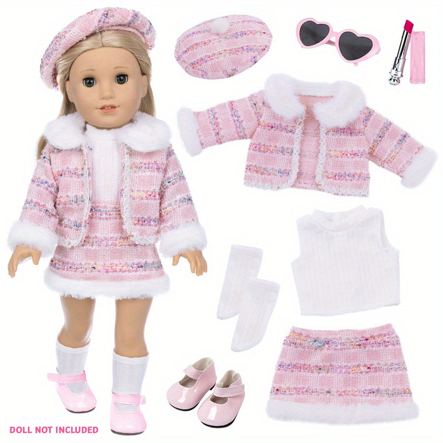 18 Inch Doll Knitted Clothes Outfit Set – Hat, Jacket, Skirt, Lipstick, Shoes, Socks & Sunglasses for 16-18 Inch Baby & Reborn Dolls, Pink & Purple, Complete 7-Piece Fashion Gift for Girls Ages 3+