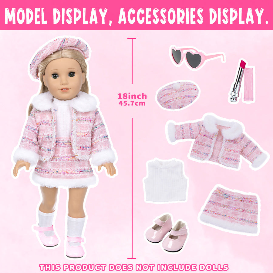 18 Inch Doll Knitted Clothes Outfit Set – Hat, Jacket, Skirt, Lipstick, Shoes, Socks & Sunglasses for 16-18 Inch Baby & Reborn Dolls, Pink & Purple, Complete 7-Piece Fashion Gift for Girls Ages 3+