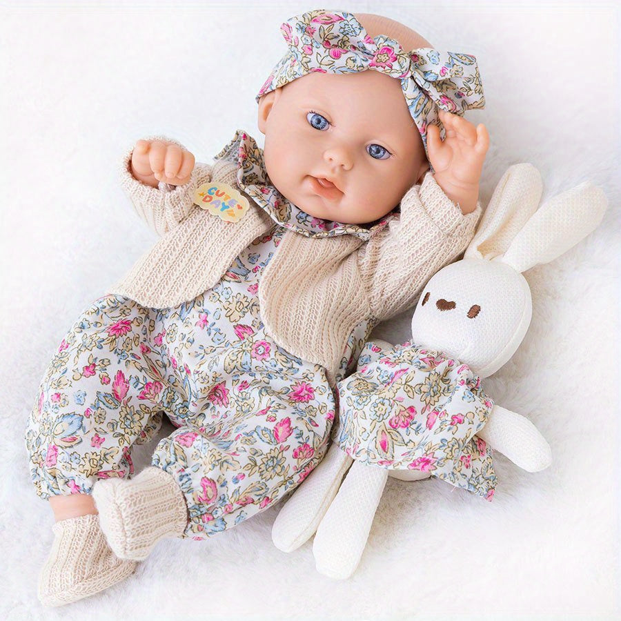 12 Inch Dress-Up Baby Doll Set with Floral Clothes Headscarf Socks & Toy Rabbit – Vinyl Girl Doll Playset for Kids Ages 3+ Birthday Christmas Gift (Beige & Pink)