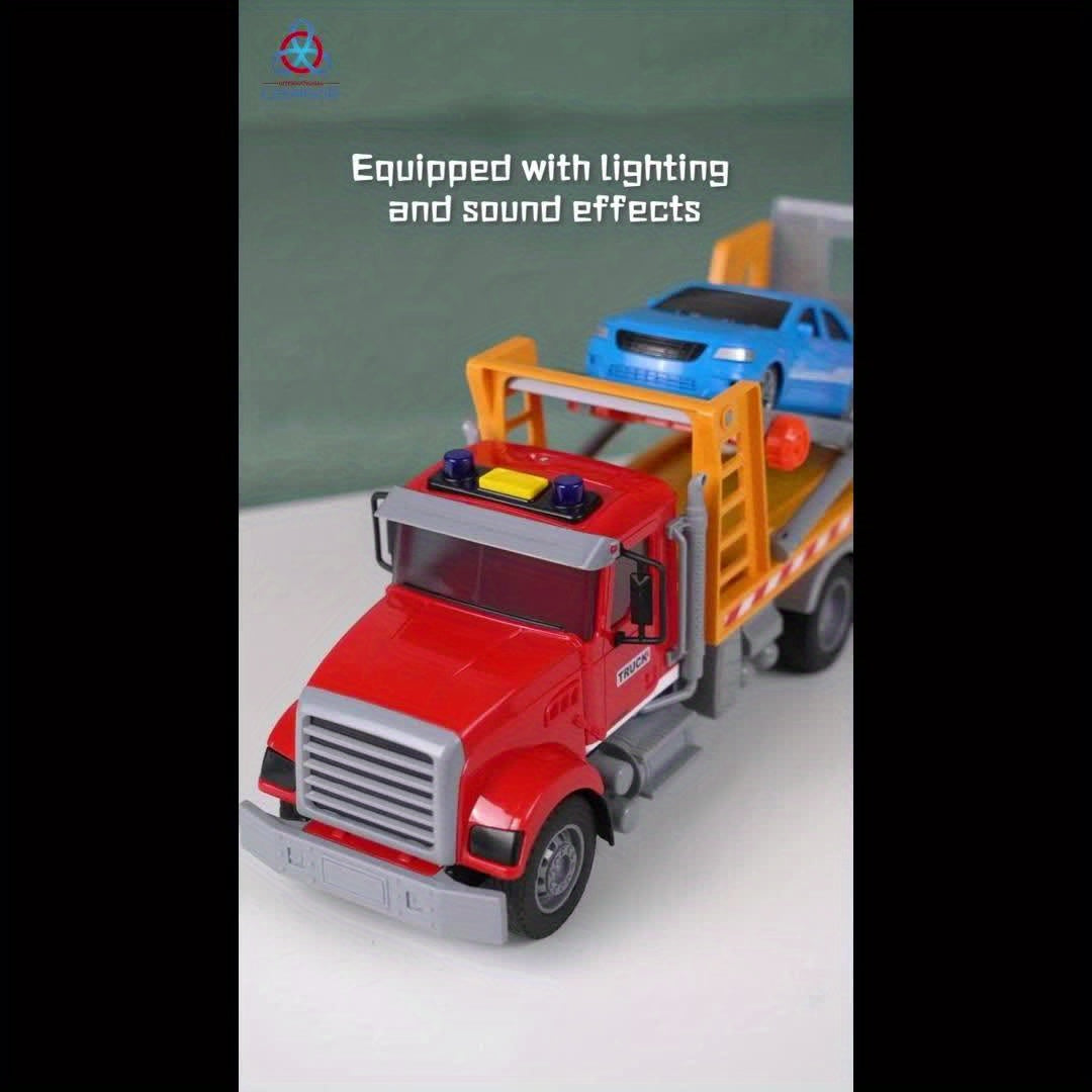 13-Inch Tow Truck Toy for Kids with Lights & Sounds – Friction Powered Transport Crane Truck with Movable Arm & Roadster, Birthday Gift for Boys Ages 3 4 5 6