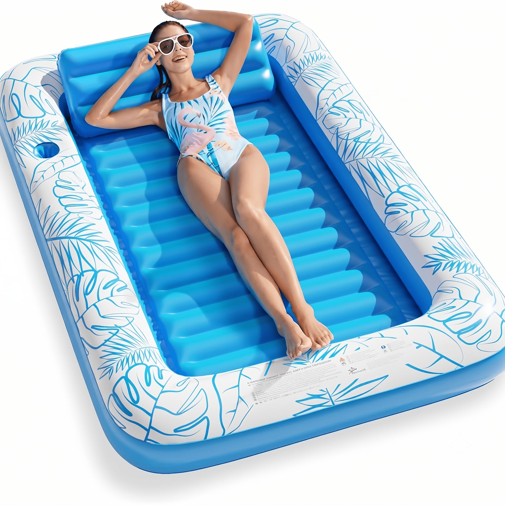Inflatable Tanning Pool Lounger Float – 4-in-1 Sun Tan Tub Pool Float Raft with Water Fill, Pillow & Cup Holder, Sunbathing Lounge Mat for Adults, Large