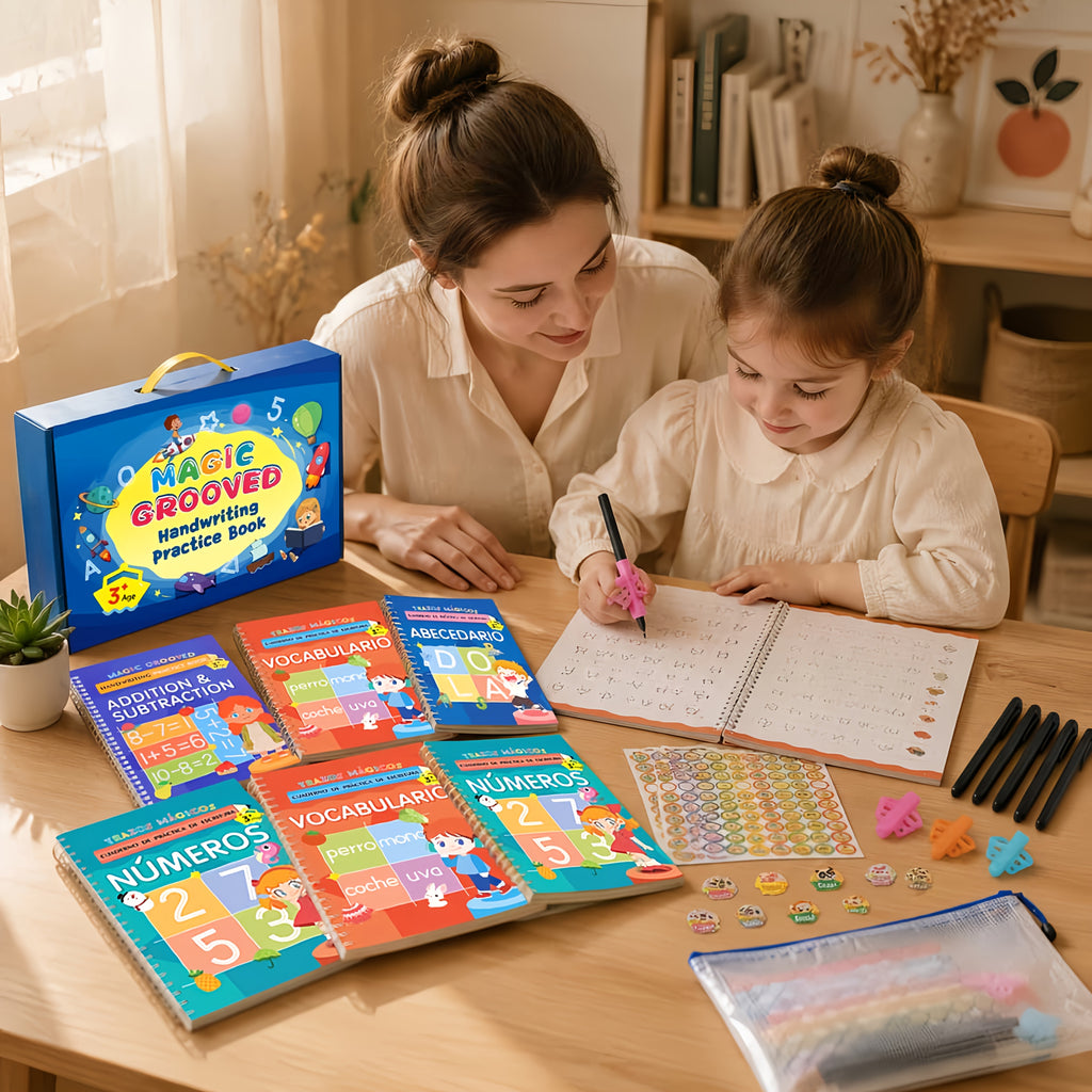 Reusable Magic Grooved Handwriting Workbook Set for Kids Ages 3-8 – 7-in-1 Writing Practice Books with Letters, Numbers, Math & Drawing, 500+ Rewrites, Preschool Learning Gift