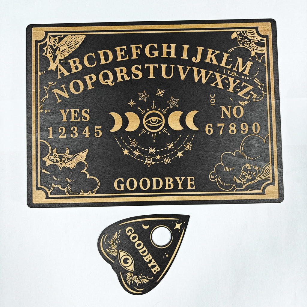 Ouija Board Wooden Psychic Set 2pcs – Handmade Carved Spiritual Guidance Divination Board Witchcraft Altar Decor Halloween Gift for Witches Moon Butterfly