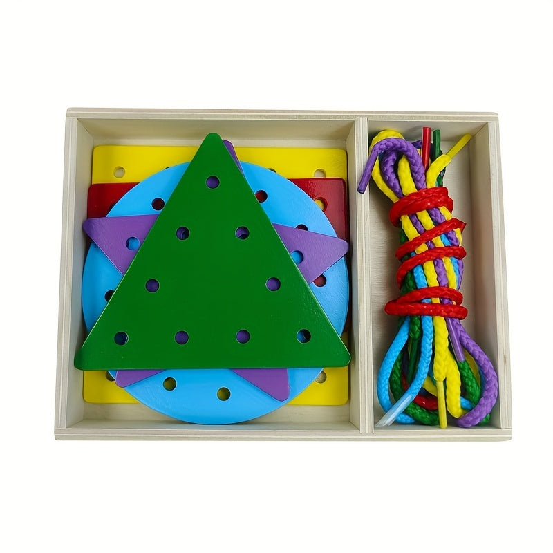 Wooden Lacing Cards for Toddlers – 5-Piece Double-Sided Shape Threading Toy Set in Box, Montessori Fine Motor Skill Activity Toy for Kids Ages 2+
