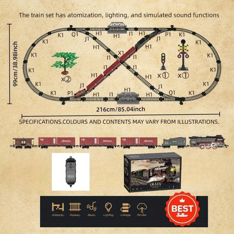 T627A Retro Steam Train Set with LED Lights, Smoke Spray & Realistic Sound Effects – 7-Piece USB Rechargeable Electric Train Toy Gift