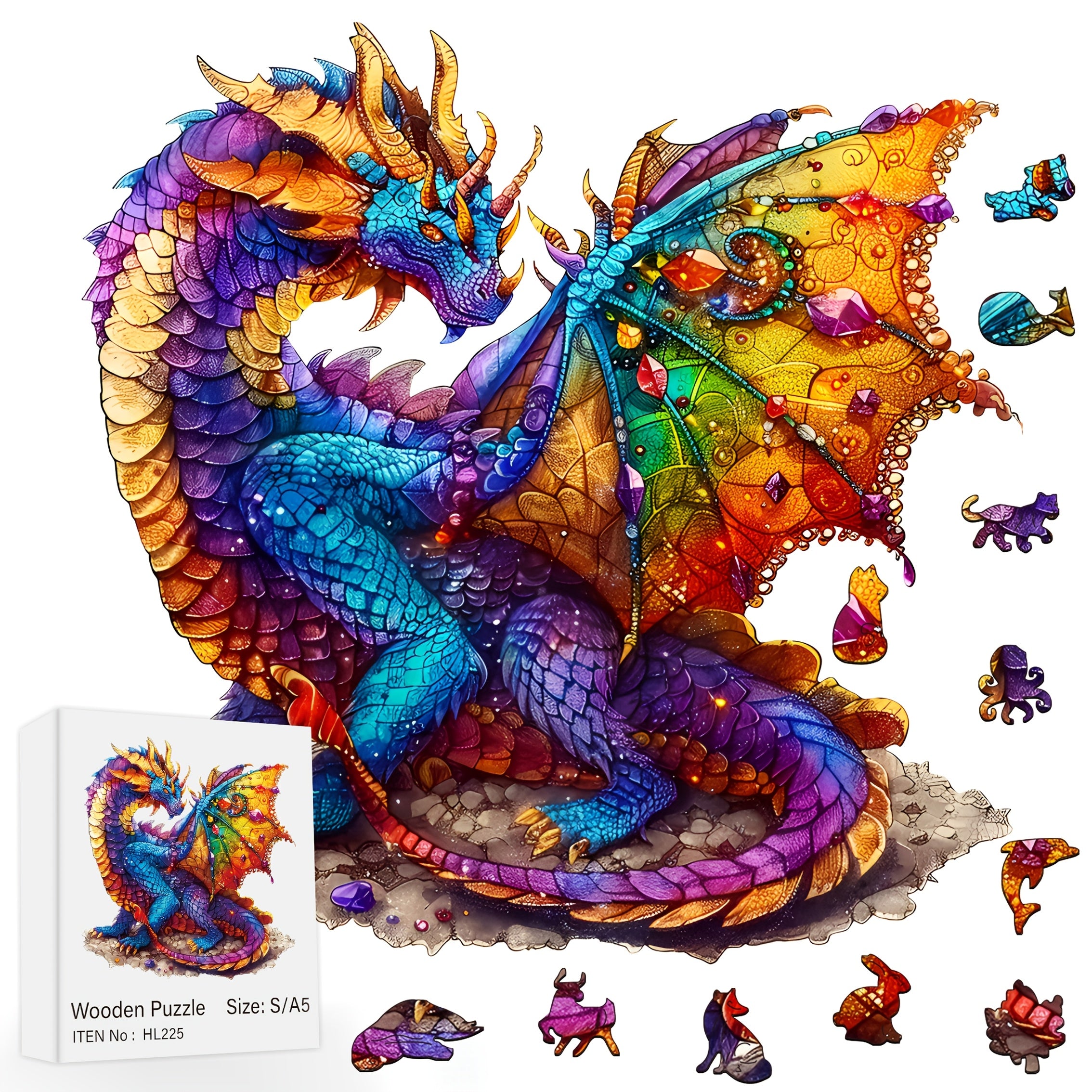 Dragon Wooden Jigsaw Puzzle Irregular Animal Shaped – Colorful Fantasy Gemstone Design, Unique Non-Repetitive Pieces, Brain Teaser Gift for Adults Kids, Home Decor Family Game S/M/L