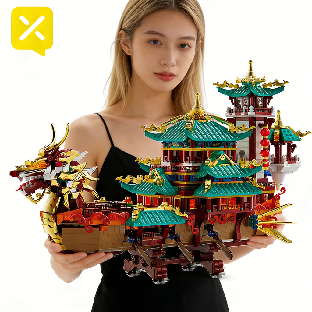 2453-Piece Dragon Boat Building Block Set Large Scale Chinese Dragon Boat Festival Model Kit - ABS Bricks Medium Difficulty, Unique Cultural Display Piece, Gift for Adults Teens Collectors
