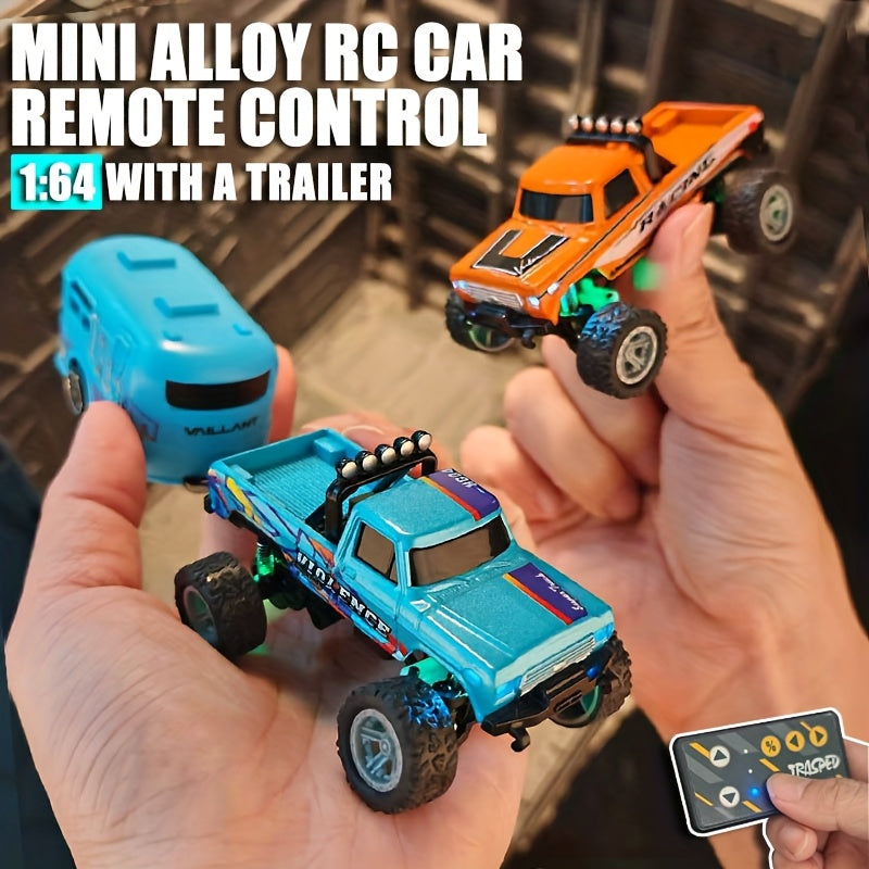 1:64 Mini RC Alloy Monster Truck with Trailer - 2.4GHz Off-Road Pickup Rock Crawler, Body Lights & Headlights, Tabletop Decor, Birthday Christmas Gift for Boys